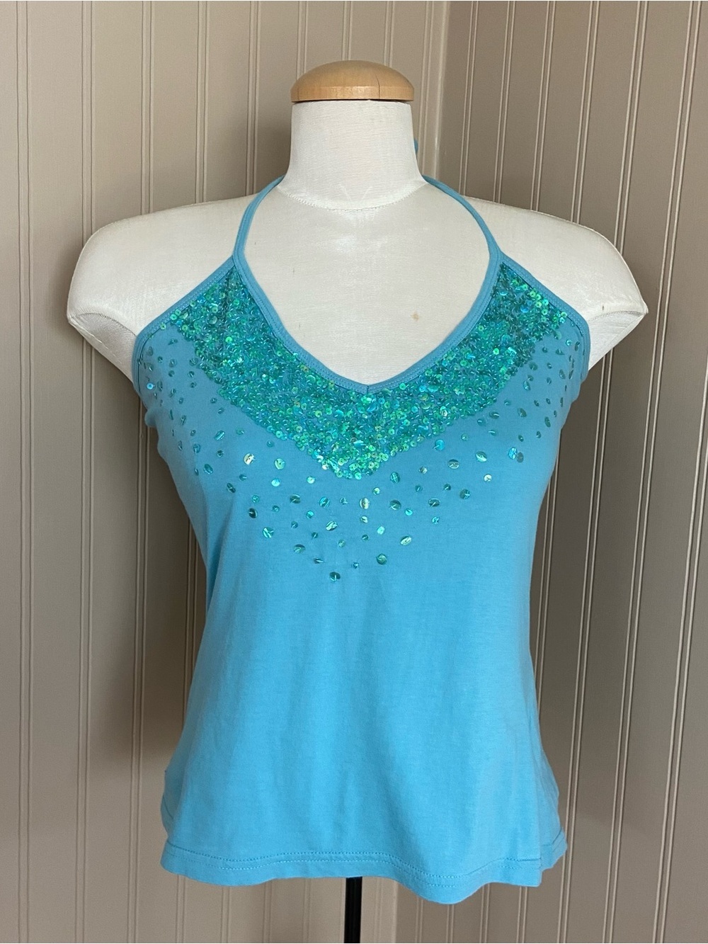 Y2K Kenzie Blue Sequins 100% Cotton Halter Top Women’s Size Medium